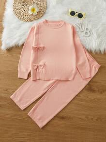 SHEIN Tween Girl Bow Front Sweater & Knit Pants - Pink - View 1