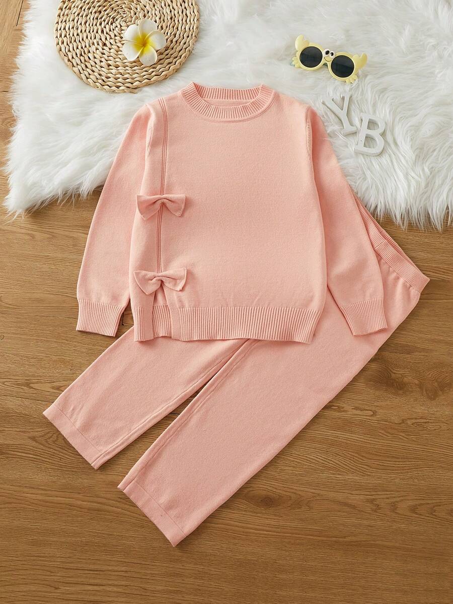 SHEIN Tween Girl Bow Front Sweater & Knit Pants - Pink - View 1