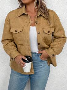 SHEIN LUNE Talla grande Cazadora de hombros caídos con bolsillo con solapa - Caqui - Ver 6