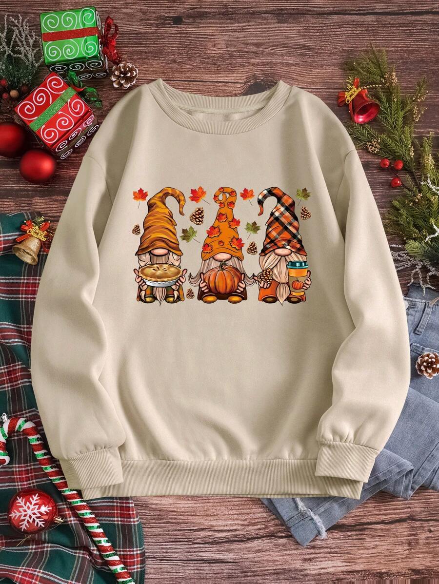 INAWLY Cartoon Graphic Thermal Lined Sweatshirt Pullover Fall Sweatshirt - Apricot - View 1