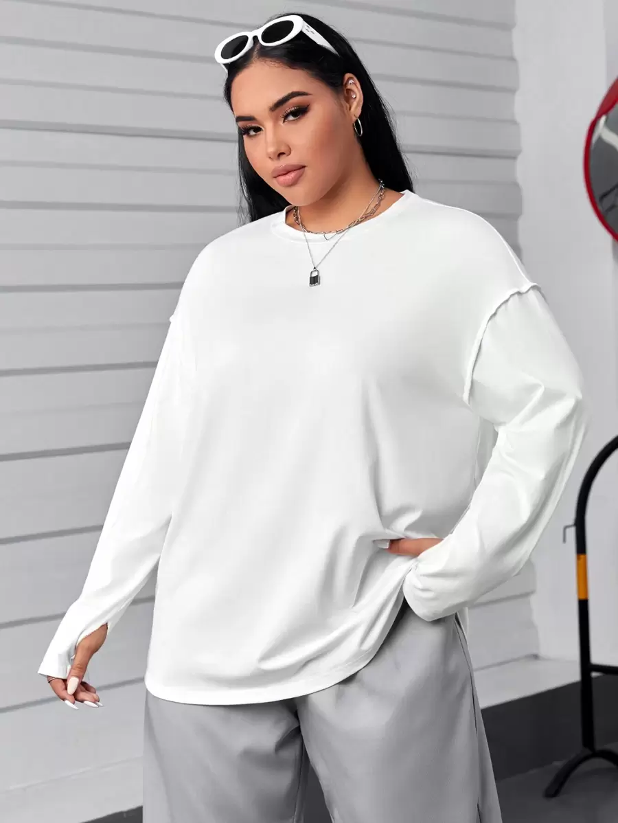 SHEIN EZwear Plus Solid Drop Shoulder Tee - White - View 1