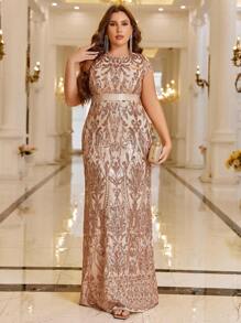 SHEIN Belle Đầm dự tiệc sang trọng viền đuôi cá đính sequin, váy dự tiệc cưới, tốt nghiệp, tiệc tối - Màu be - Xem 1