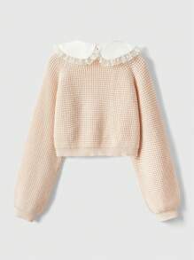 ROMWE Kawaii Cổ áo tương phản Dệt kim Waffle Áo len - Hồng - Xem 2