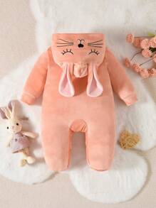 SHEIN 新生儿粉色可爱长袖连帽连体睡衣