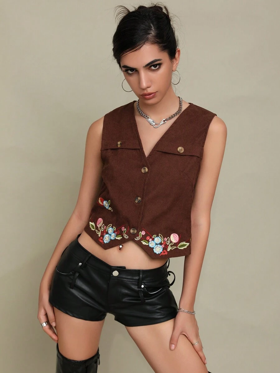 SHEIN Unity Thêu hoa Nút phía trước Áo khoác vest - màu nâu - Xem 1