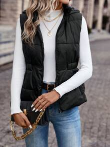 SHEIN Frenchy 拉链连帽背心夹棉外套 - 黑色 - 查看 3