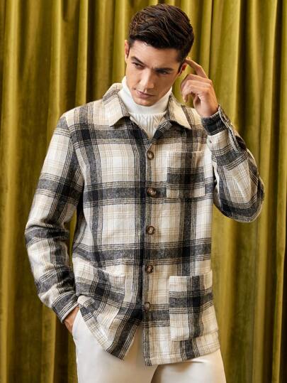 Manfinity VCAY 宽松男士格子印花口袋贴花大衣