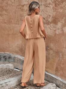 SHEIN Unity 後背鈕扣荷葉邊下擺上衣 & 闊腿褲 - 粉色 - 查看 1