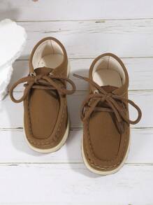 1pair Unisex Kids Casual Breathable Mark Leather Flats Suitable For Spring, Summer And Fall - Brown - View 1