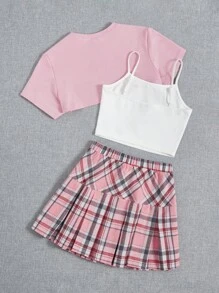 SHEIN Qutie Chất rắn Cami ngọn & Siêu Crop Top & Chân Váy xếp ly - Nhiều màu - Xem 3