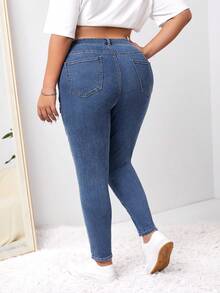 SHEIN EZwear 大碼高腰翻蓋口袋工裝牛仔褲 - 藍色 - 查看 2