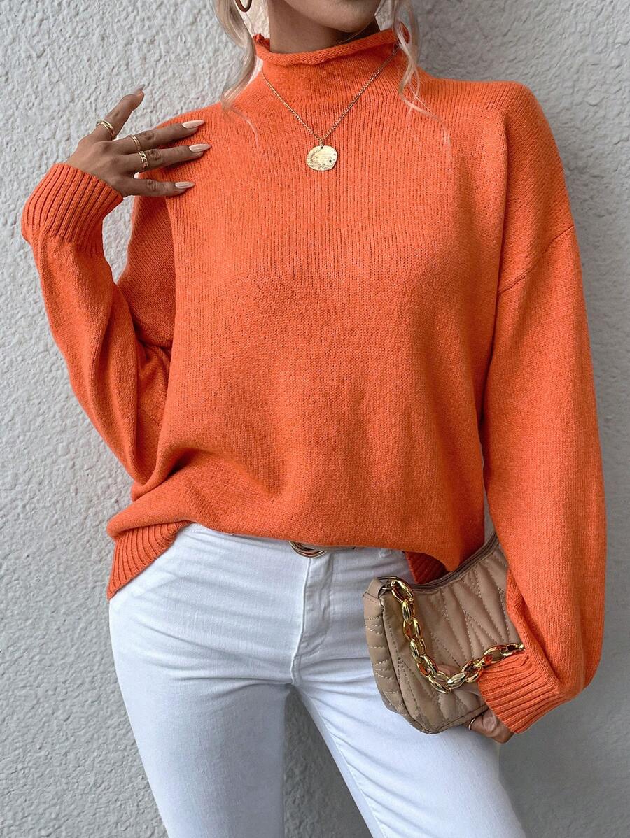 Chiquease Suéter de cuello alto con hombros caídos, parte superior de manga larga de punto, suéter de punto para otoño e invierno - Naranja Quemada - Ver 1