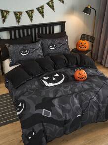 3 pièces Ensemble De Housse De Couette Profond Gris Halloween Chat Astronaute , Citrouille , Motif Chauve-Souris Imprimé En Polyester