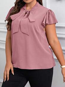 Reflora Plus Tie Neck Butterfly Sleeve Blouse - Dusty Pink - View 6