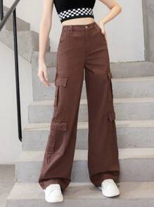 New Teenage Girls' Casual Fashionable Workwear Style Multi-Pocket Brown Washed Denim Straight Leg Pants, All Seasons