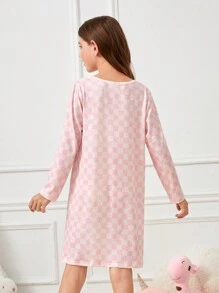 Cô gái Tween Kiểm tra máy & Đồ họa Khẩu hiệu Váy áo thun - Màu Hồng baby - Xem 2