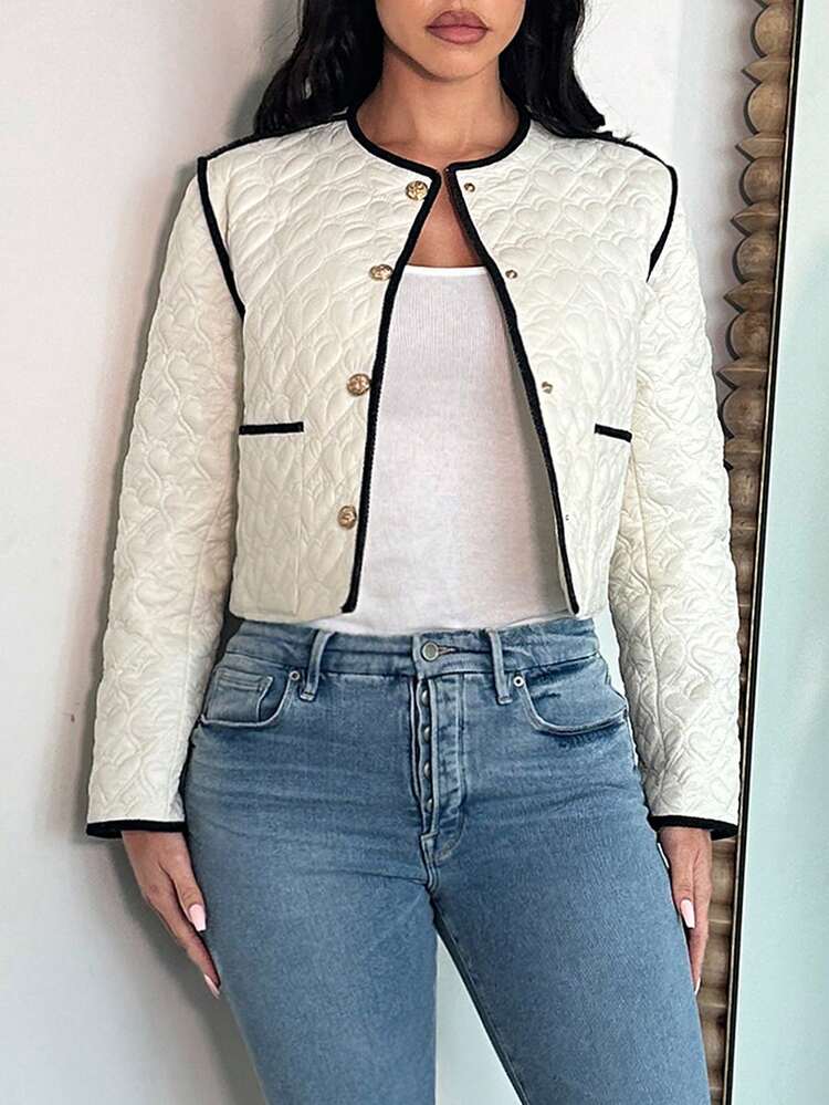 Contrast Binding Button Front Padded Coat