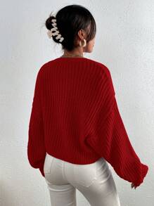 Chiquease Solid Ribbed Knit Drop Shoulder Sweater For New Year,Long Sleeve Tops Knit Pullover Fall Winter Sweater - Red - View 2