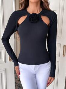 SHEIN Privé Cut Out Front 3d Rose Ribbed Knit Tee