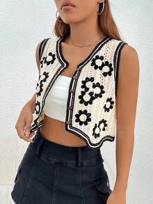 SHEIN PETITE 花卉圖案撞色滾邊前紐扣短款背心開衫 - 米色 - 查看 3
