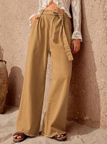 Bohemela High Waist Belted Wide Leg Pants - Khaki - View 5
