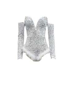 露肩毛絨飾邊亮片連體衣 - 白色 - 查看 3