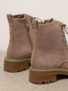 SHUZIA Side Zipper Laced Ankle Booties - Khaki - View 3