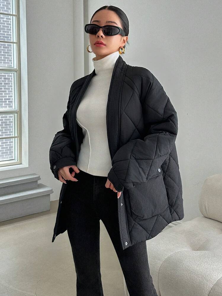 Solid Open Front Quilted Pockets Coat ,Winter Women Clothes,Winter Coat Women Jacket