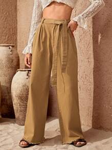 Bohemela High Waist Belted Wide Leg Pants - Khaki - View 6