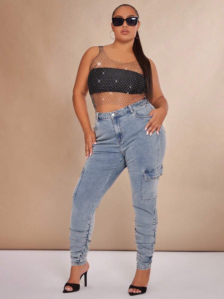SHEIN BAE Cộng với quần jean có nắp lưng cao có túi bên hông - Màu xanh lam - Xem 1