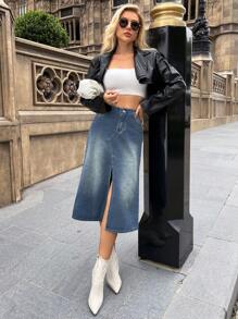 SHEIN ICON High Waist Split Thigh Denim Skirt - Medium Wash - View 2