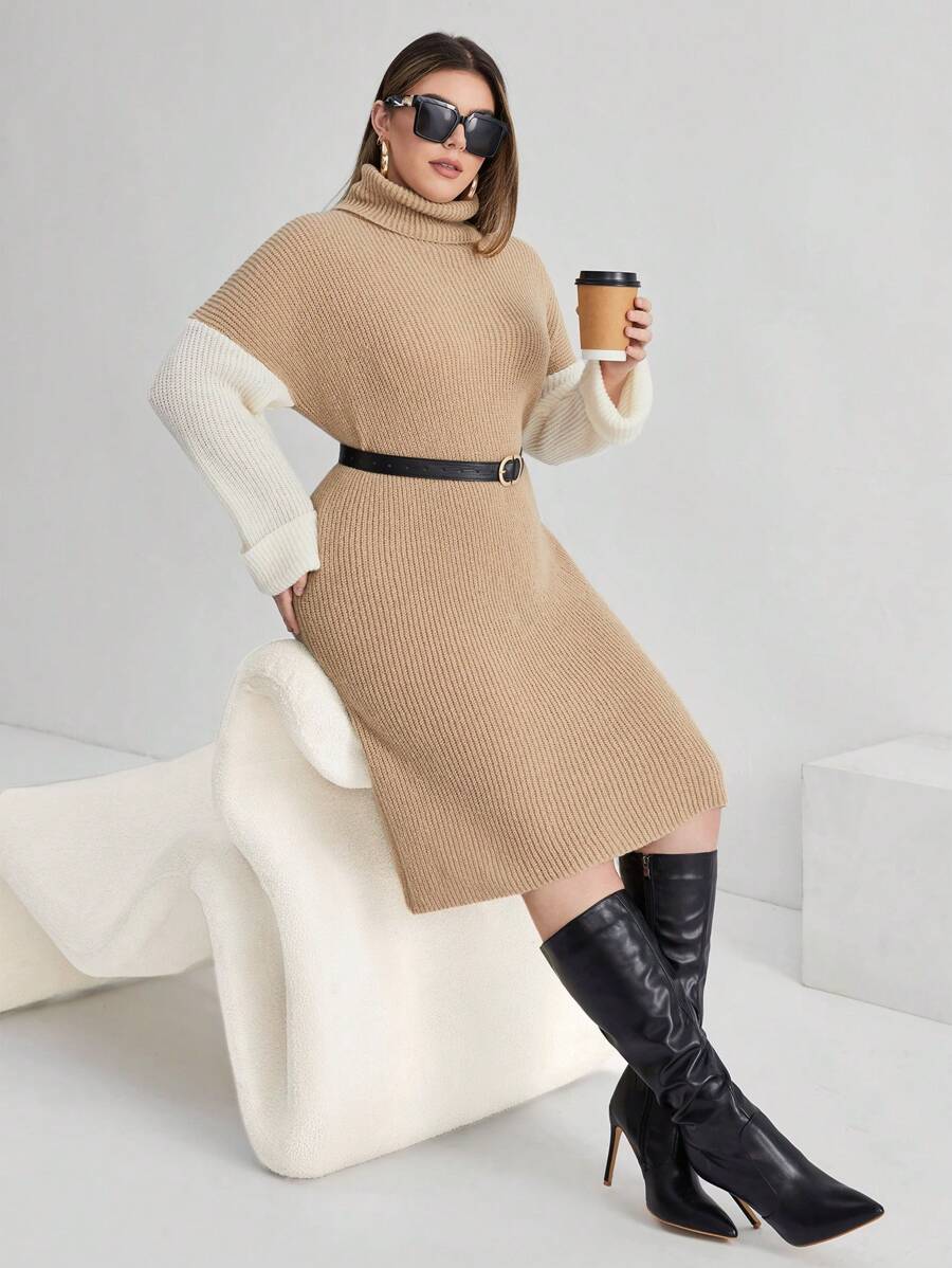 SHEIN Essnce Plus Two Tone Turtleneck Drop Shoulder Sweater Dress Without Belt - Camel - View 1