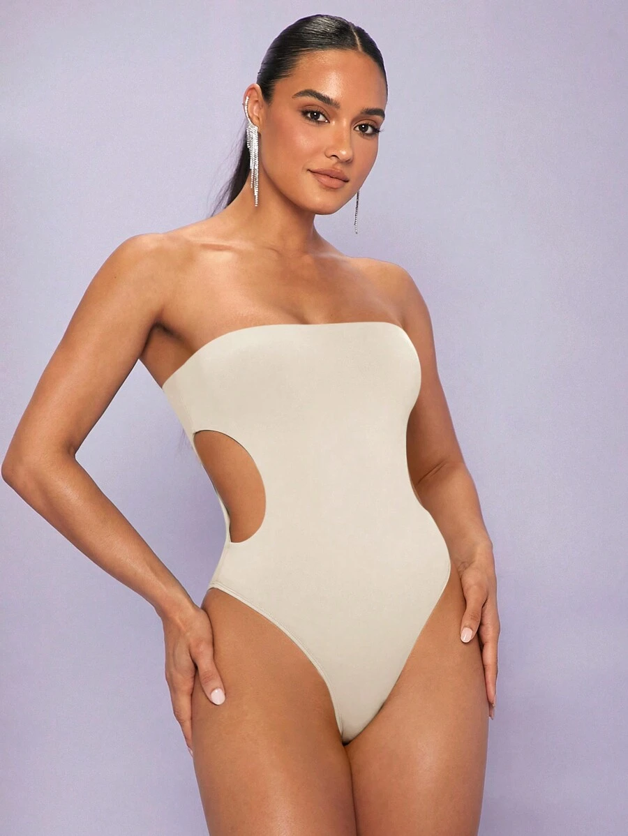 SHEIN BAE Cut Out Side Tube Bodysuit - Apricot - View 1
