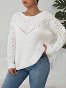 Calvaya Plus Pointelle Knit Drop Shoulder Jumper - White - View 4
