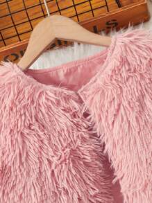 SHEIN Tween Girl Open Front Fuzzy Coat & Sequin Effect Cami Dress - Pink - View 4