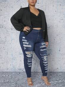 SHEIN CURVE+ Plus Zip Pocket Open Front Blazer - Black - View 7