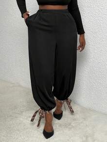 Slaydiva 大碼圖案印花下擺打結長褲 - 黑色 - 查看 2