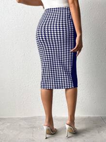 SHEIN Clasi In Houndstooth Nút phía trước Chân Váy xẻ - Màu xanh lam - Xem 2