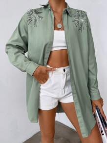 EURMUSE Rhinestone Detail Button Front Shirt - Mint Green - View 1