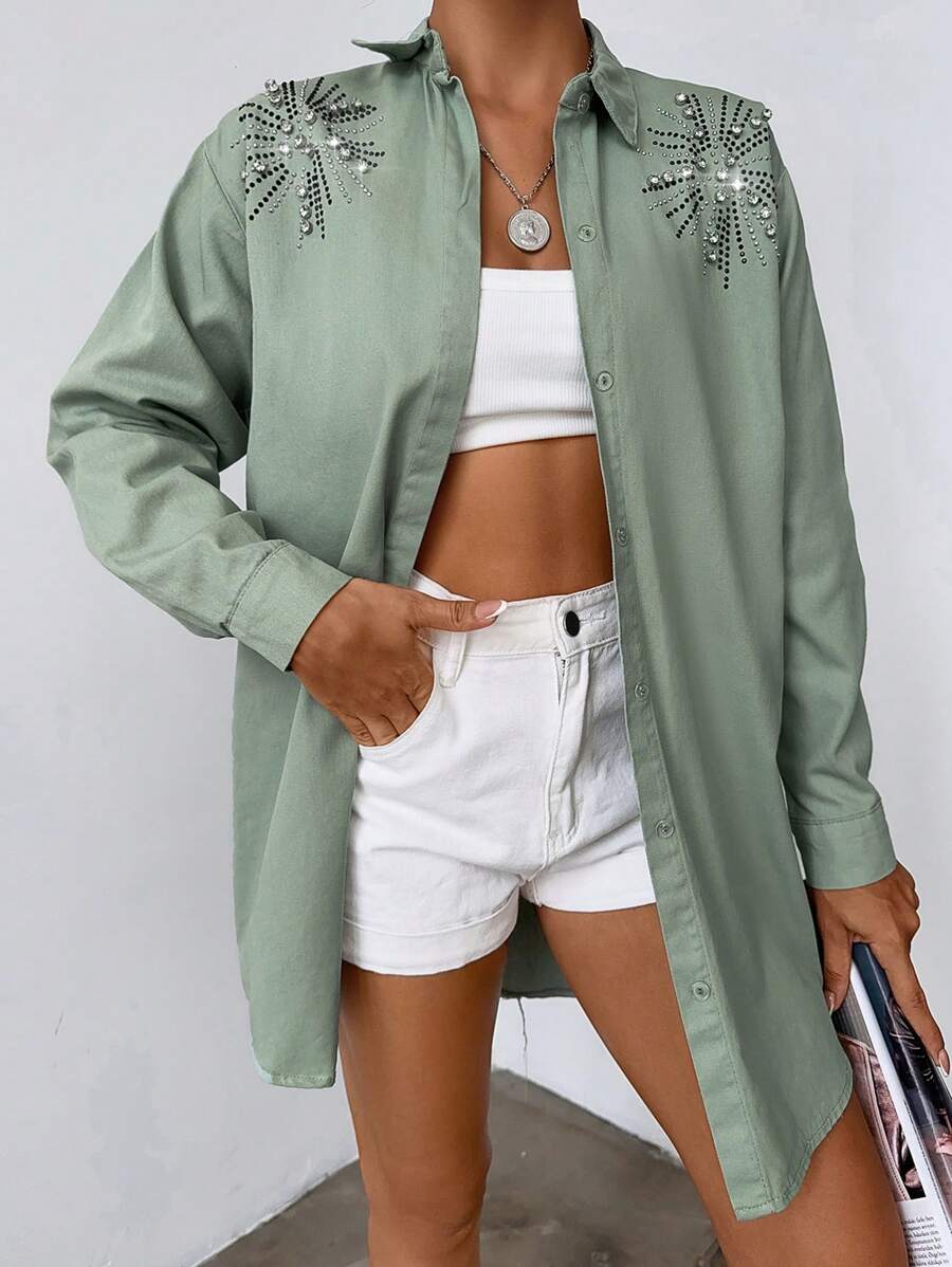 EURMUSE Rhinestone Detail Button Front Shirt - Mint Green - View 1