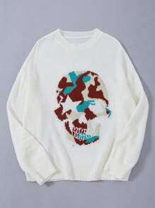 SHEIN LUNE 大碼骷髏圖案落肩袖套頭毛衣 - 白色 - 查看 3