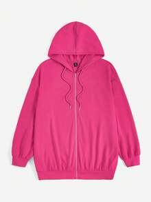 SHEIN EZwear 加大码卡通字母图案落肩拉链卫衣 - 玫紅色 - 查看 2