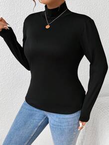SHEIN Frenchy Plus Solid Ribbed Slim Fit Mock Neck Knit Tee - Black - View 5