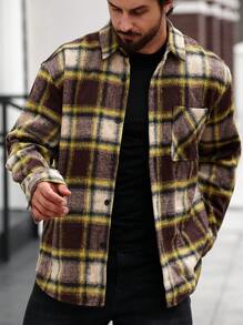 Manfinity Camisa Xadrez Masculina Oversize com Bolsos Remendados