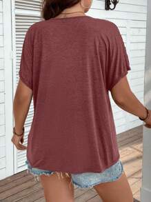 SHEIN Clasi Plus Contrast Lace Batwing Sleeve Tee - Red - View 2