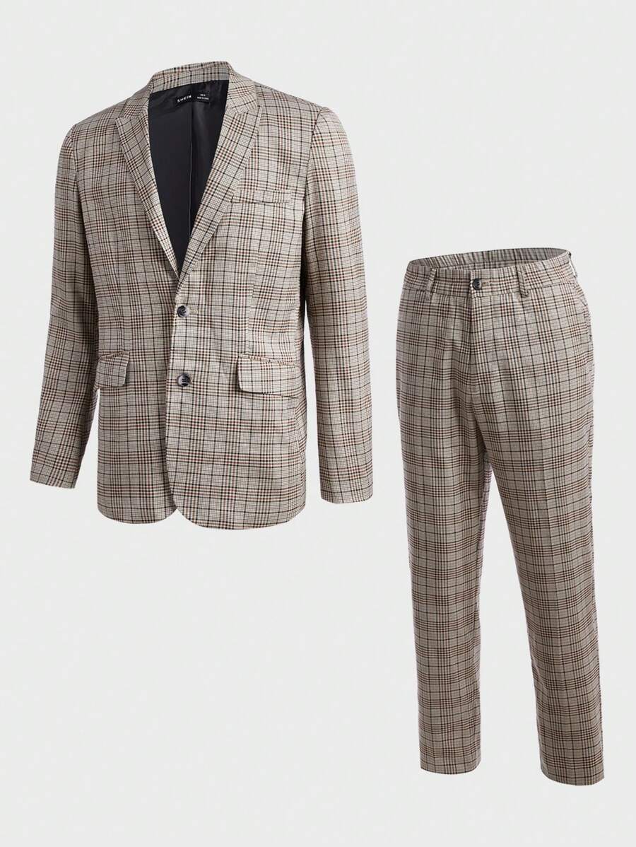 Manfinity VCAY Men Plaid Print Single Breasted Blazer & Suit Pants Set