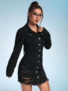 SHEIN ICON 破洞毛邊牛仔洋裝 - 黑色 - 查看 3