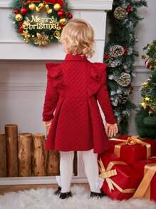 SHEIN Baby Girl Ruffle Trim Fold Pleated Coat & Hat For Christmas Mommy&Me Matching (3 Pieces Are Sold Separately) - Red - View 2