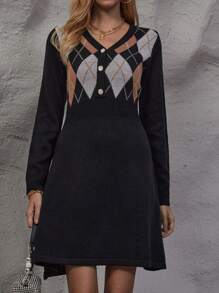 SHEIN LUNE Argyle Pattern Button Front Sweater Dress - Black - View 6