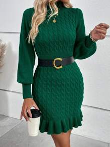 SHEIN Clasi Cable Knit Lantern Sleeve Ruffle Hem Sweater Dress - Green - View 6